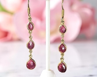 Vintage Natural Ruby Earrings – Faceted Opaque Rubies in Gold Vermeil over Sterling Silver – Long Drop Gemstone Earrings – July Birthstone
