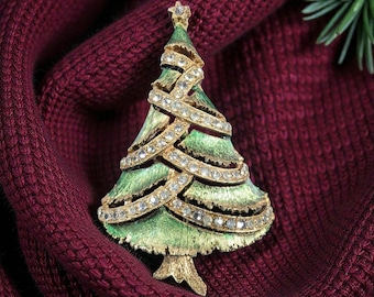 Vintage JJ Christmas Tree Brooch with Rhinestone Garland, Copyright Mark