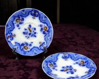 Pair of Antique Ridgways Flow Blue Saucers – Floral Pattern with Gold Accents – Edwardian Era Ironstone – Circa 1910s