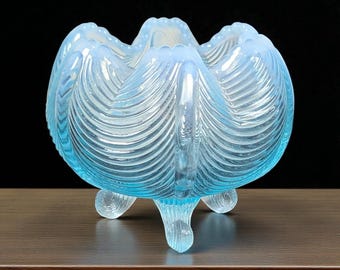 Fenton Blue Opalescent Ribbed Rose Bowl with Applied Feet, c.1900–1930