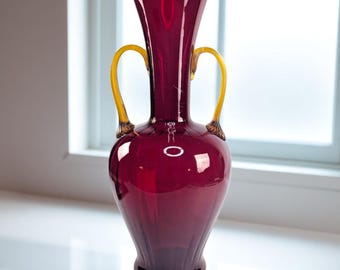 Vintage Empoli Glass Vase – Cadmium Red Mold-Blown Italian Amphora with ridged Amber Handles – 13” Tall Mid-Century Art Glass