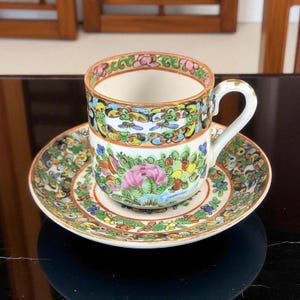 Antique Chinese Famille Rose Demitasse Cup & Saucer – Thousand Butterflies Pattern – Hand-Painted - Set 7