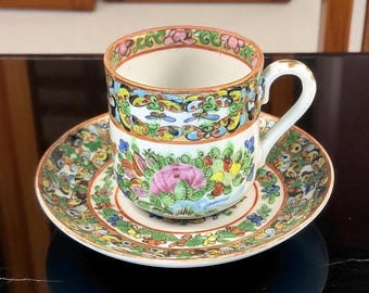 Antique Chinese Famille Rose Demitasse Cup & Saucer – Thousand Butterflies Pattern – Hand-Painted - Set 7