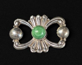 Vintage Mexico Sterling Silver and Green Malachite Cabochon Brooch