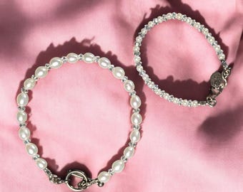 Curated Vintage Mother & Baby Bracelet Set – Cultured Pearls, Crystal Beads, Sterling Silver – Perfect Mother’s Day Gift