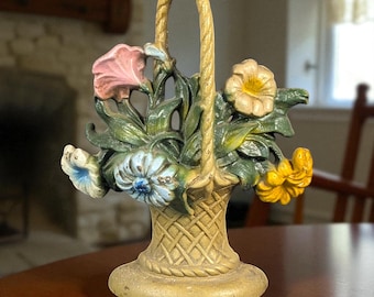 Vintage John Wright Cast Iron Floral Basket Doorstop – Painted Flower Arrangement – 10”