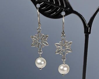 Vintage Sterling Silver and Freshwater Pearl Floral Earrings Art Nouveau