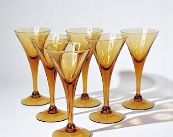 1950s Mid-Century Amber Cordial Glasses – Vintage Set of 6 Barware