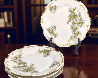 Antique Limoges Porcelain Salad Plates: Floral Swags, Gilt Edge, Set of Four, G.D. & Cie