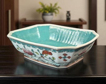 19th Century Chinese Famille Rose Footed Offering Bowl – Turquoise Ground with Lotus Motif, Antique Qing Dynasty Porcelain