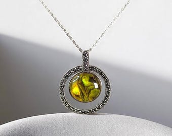 Vintage Sterling Silver Marcasite & Abalone Pendant Necklace – Floating Circle Design – 18" Chain – Marked 925