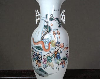 Antique 17" Chinese Famille Rose–Palette Baluster Vase, Children at Play, Qing