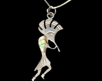 Sterling Silver Vintage Kokopelli Pendant with Fire Opal Inlay on 925 Box Chain