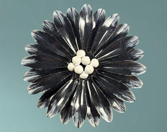 1960s Enamel Metal Flower Brooch, Black & White Daisy Pin, Large Mod Floral