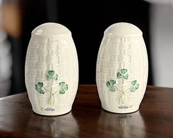 Vintage Belleek Ireland Shamrock Salt and Pepper Shaker Set – Basket Weave Porcelain, Hand-Painted, Irish Pottery