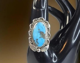 Anillo vintage de plata de ley con turquesa, estilo suroeste, piedra ovalada natural, talla 6