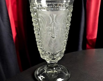 Antique Mephistopheles Pressed Glass Goblet – S. Reich & Co. c. 1880s – Bohemian Satyr Face Glass – Rare German Figural Glassware