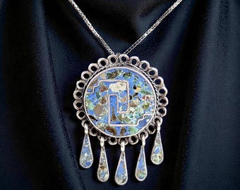 Vintage Mexican Sterling Silver Crushed Turquoise Pendant Necklace