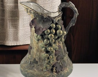 Antique Amphora Teplitz Art Nouveau Grape Vine Pitcher – 10.5" Tall – Circa 1895–1910 – Riessner, Stellmacher & Kessel – Bohemian Pottery