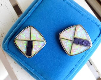 Vintage Sterling Silver Post Earrings – Lab Opal & Sodalite Inlay – Geometric Southwest Style – Iridescent Purple and Blue – Square Studs