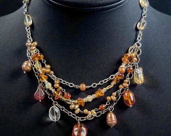 Vintage Sterling Silver Bib Necklace with Baltic Amber, Pearls & Citrine Quartz