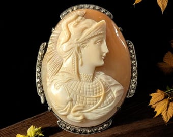 Antique Athena Shell Cameo Brooch | Sterling Silver & Marcasite Setting | Victorian to Edwardian Era | 19th Century Jewelry-Minerva