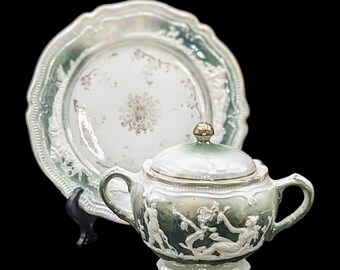 Prussia Iris Saxony Altenburg Embossed Hand Painted Bread & Butter Plate, Sugar Bowl, Antique Lustreware