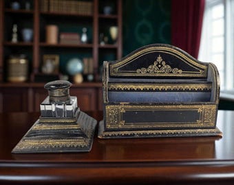 Victorian Desk Set Antique Inkwell & Letter Holder | Gilt Papier Mâché Leather Writing Set