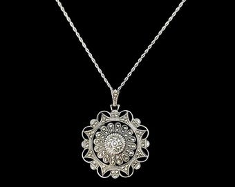 Vintage 1940's-50's Sterling and Marcasite Pendant on Sterling silver chain signed KD For Kimer and Daniel of NY City.