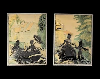 Pair Benton Glass Co Convex Reverse Painted Silhouettes - "The Boat Ride"