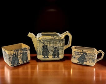 Antique Royal Doulton "Night Watchmen" Tea Set – c.1901–1922 – Teapot, Sugar & Creamer – Tudor Scene Pattern - Square Form Set