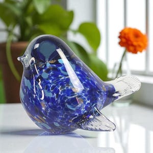 Oversized Blown Glass Bird Paperweight – Cobalt Blue with Gold Aventurine and Aqua – 5&quot; Tall, 6&quot; Long – Unsigned Art Glass Sculpture