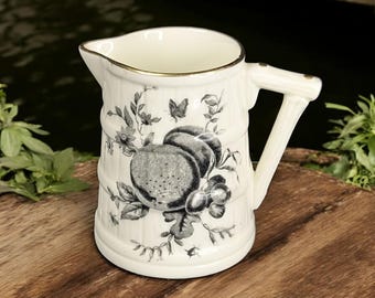 Royal Worcester Mini Creamer wood barrel texture porcelain with black fruit transfer design and gold gilt trim made in 1954