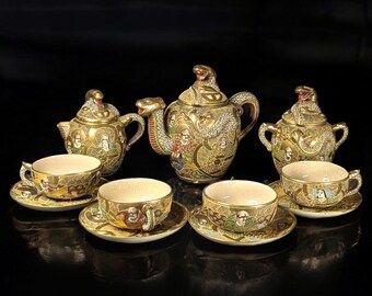 Vintage Japanese Satsuma Dragonware Tea Set – 11-Piece Hand-Painted Porcelain