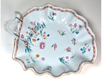 18th C Chinese Export Porcelain Leaf Dish, Famille Rose Florals w/ Staple Repair