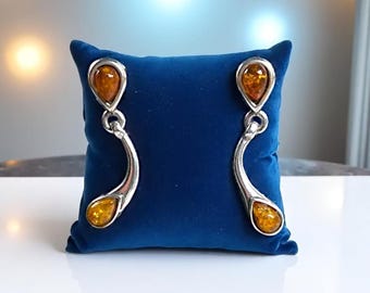 Vintage Sterling Silver & Baltic Amber Drop Earrings – Modernist Teardrop Design – Art Nouveau Style Dangle Earrings – Butterfly backs