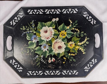 Vintage Hand-Painted Floral 18" Toleware Tray: Black Metal Serving Tray with Pierced Handles