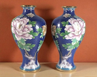Vintage 10" Cloisonné Vase Pair – Cobalt Blue with Peony Blossoms