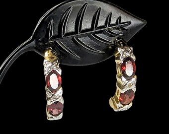 Gold over Sterling, Garnet, and Diamond Post Back Semi Circle Drop Earrings