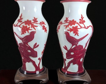 Pair of Peking Glass Overlay Vases – Bird & Blossoms – Mirrored Red on Milk White (Republic Era, c.1920–1940)