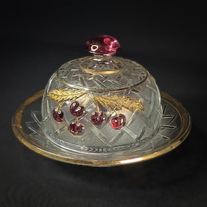 Cherry Lattice NORTHWOOD Covered Butter Dish Pressed Glass Gold Leaves