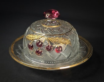 Cherry Lattice NORTHWOOD Covered Butter Dish Pressed Glass Gold Leaves