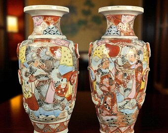 Antique Satsuma Style Vases: Hand Painted Taisho Showa Era Japanese Figural Porcelain