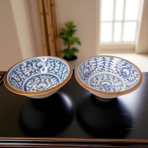 Pair of Qing 10.5&quot; Dynasty Batavian Ware Bowls – 18th/19th Century Chinese Export Stoneware with Hand-Painted Floral Interiors