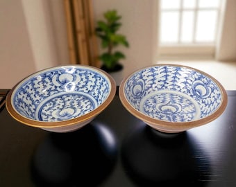 Pair of Qing 10.5" Dynasty Batavian Ware Bowls – 18th/19th Century Chinese Export Stoneware with Hand-Painted Floral Interiors
