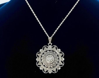 Vintage Sterling Silver Marcasite Pendant Necklace – Signed KD for Kimer & Daniel NYC – 1950s–60s