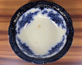 Antique Flow Blue Bowl – Wood & Sons “Victoria” – Royal Semi-Porcelain – Embossed Rim – 10" Wide – England c.1891–1910