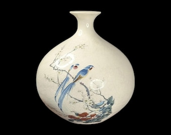 Vintage Treasure Craft 8" Art Vase Blue Birds on Cherry Blossom