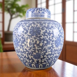 Large Chinese Blue and White Ginger Jar – 11” Porcelain Temple Jar with Floral Scrolls – Vintage Late 20th Century