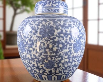 Large Chinese Blue and White Ginger Jar – 11” Porcelain Temple Jar with Floral Scrolls – Vintage Late 20th Century